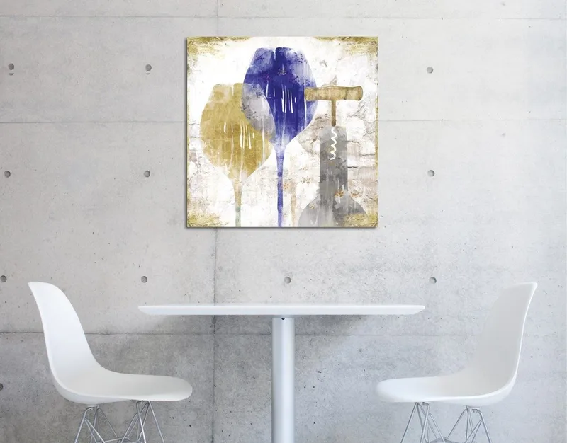 Lerretsbilde 45x45 cm - Abstrakt komposisjon med vinglass og korketrekker, Blå / Gul / Grå