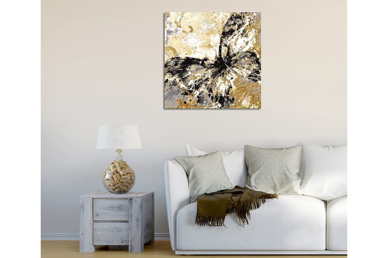 Lerretsbilde 45x45 cm - Abstrakt sommerfugl med gull- og svarte elementer - Gull / Svart / Hvit - Innredning - Bilder & kunst - Lerretsbilder