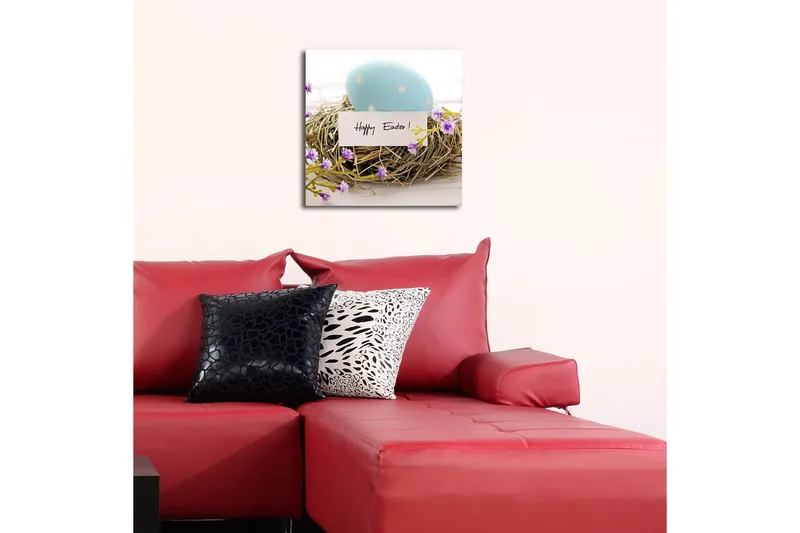 Lerretsbilde 45x45 cm - Blå påskeegg i et fuglerede med lilla blomster - Blå / Brun / Lilla - Innredning - Bilder & kunst - Lerretsbilder