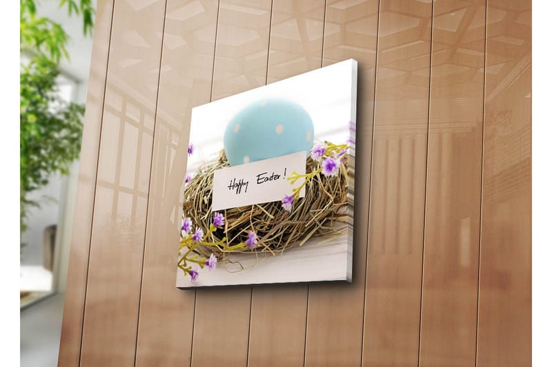 Lerretsbilde 45x45 cm - Blå påskeegg i et fuglerede med lilla blomster - Blå / Brun / Lilla - Innredning - Bilder & kunst - Lerretsbilder