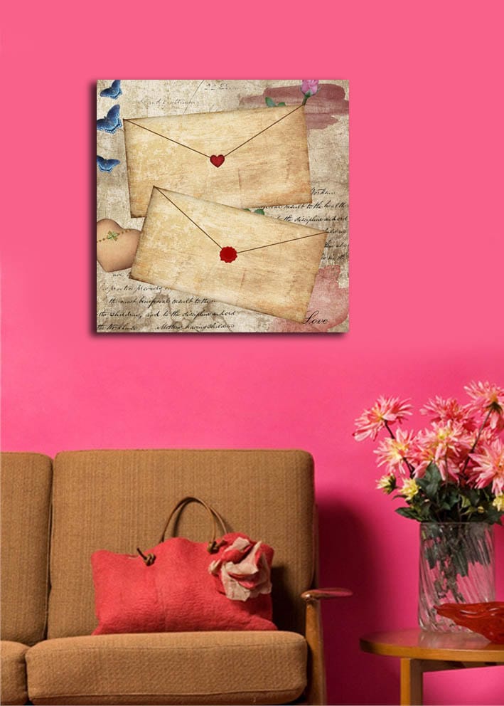 Lerretsbilde 45x45 cm - Bokstav med hjerter og blomster på gammeldags papir - Beige / Rød / Blå - Innredning - Bilder & kunst - Lerretsbilder