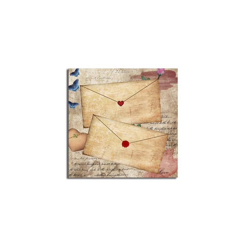 Lerretsbilde 45x45 cm - Bokstav med hjerter og blomster på gammeldags papir - Beige / Rød / Blå - Innredning - Bilder & kunst - Lerretsbilder