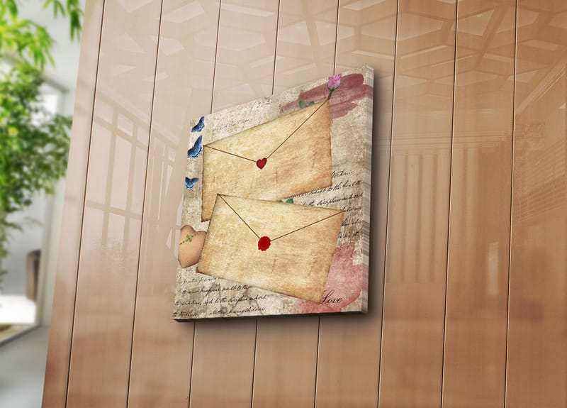 Lerretsbilde 45x45 cm - Bokstav med hjerter og blomster på gammeldags papir - Beige / Rød / Blå - Innredning - Bilder & kunst - Lerretsbilder