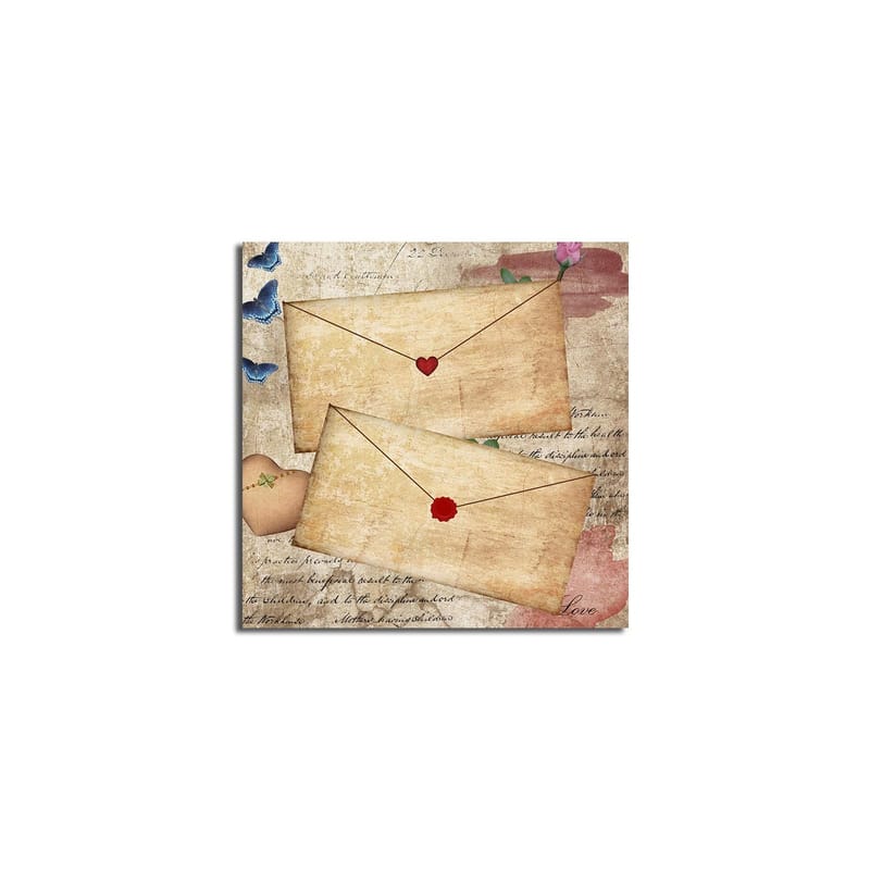 Lerretsbilde 45x45 cm - Bokstav med hjerter og blomster på gammeldags papir - Beige / Rød / Blå - Innredning - Bilder & kunst - Lerretsbilder