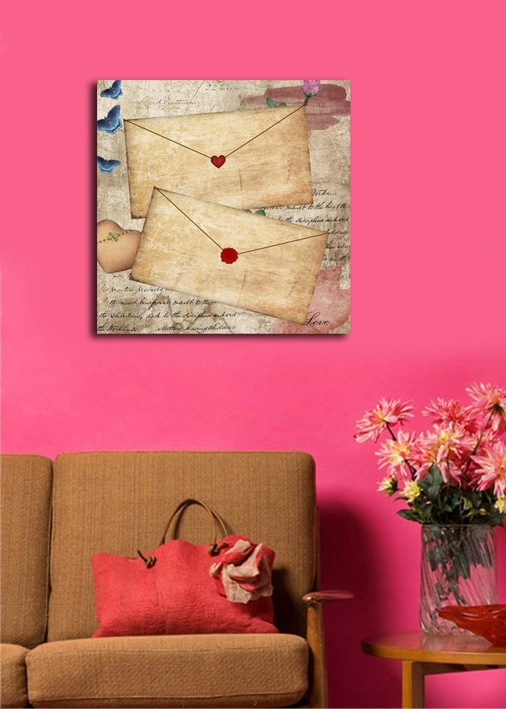 Lerretsbilde 45x45 cm - Bokstav med hjerter og blomster på gammeldags papir - Beige / Rød / Blå - Innredning - Bilder & kunst - Lerretsbilder