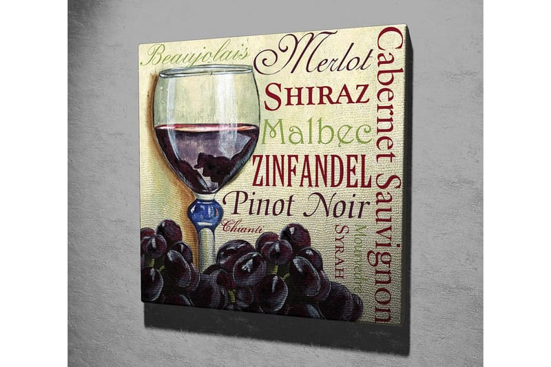 Lerretsbilde 45x45 cm - Burgundervinglass med druer i fokus - Burgunder / Svart / Grønn - Innredning - Bilder & kunst - Lerretsbilder