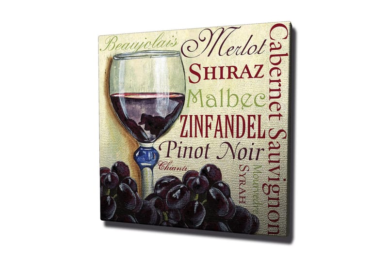 Lerretsbilde 45x45 cm - Burgundervinglass med druer i fokus - Burgunder / Svart / Grønn - Innredning - Bilder & kunst - Lerretsbilder