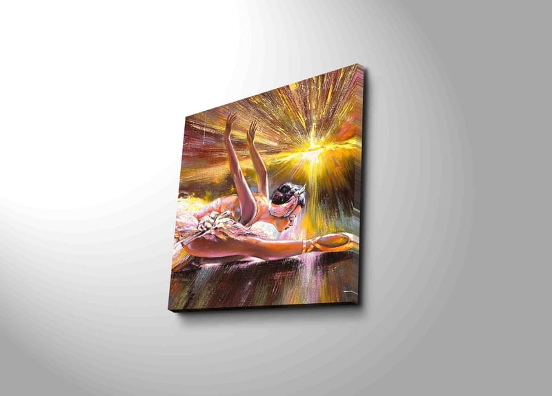 Lerretsbilde 45x45 cm - Dansende ballerina i en strålende lyskomposisjon - Rosa / Gull / Hvit - Innredning - Bilder & kunst - Lerretsbilder
