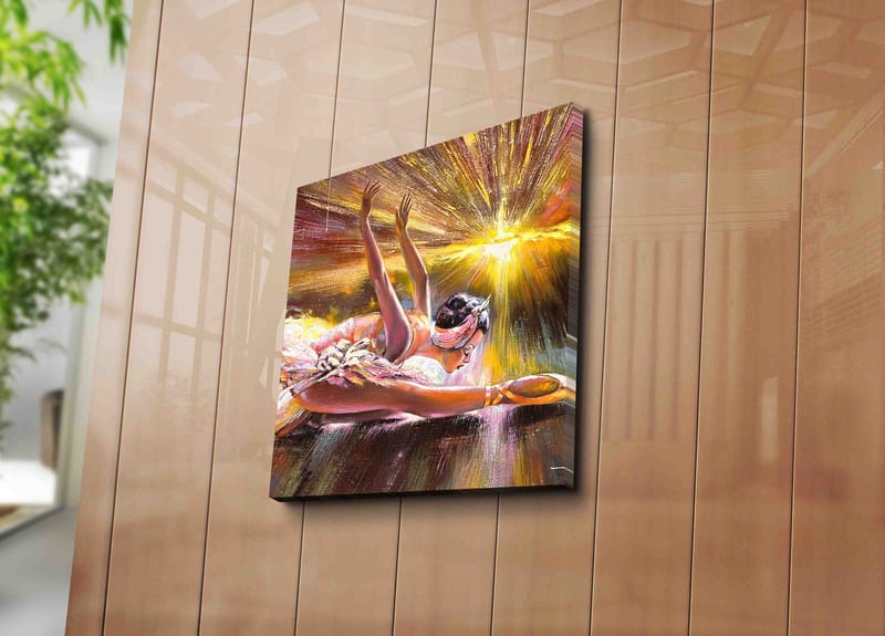 Lerretsbilde 45x45 cm - Dansende ballerina i en strålende lyskomposisjon - Rosa / Gull / Hvit - Innredning - Bilder & kunst - Lerretsbilder