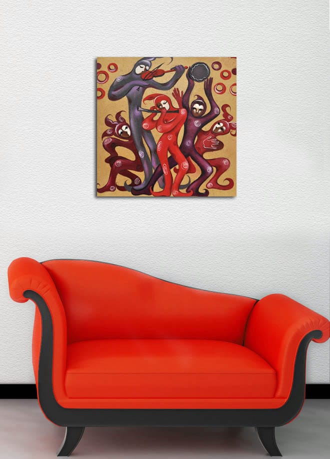 Lerretsbilde 45x45 cm - Dansende figurer i livlige røde og lilla nyanser - Rød / Lilla - Innredning - Bilder & kunst - Lerretsbilder