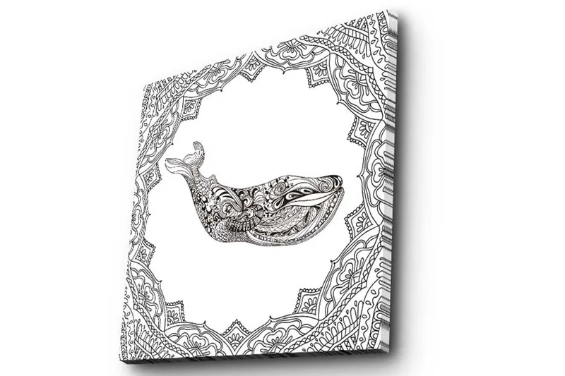 Lerretsbilde 45x45 cm - Dekorativ hval med detaljert mønster - Svart / Hvit - Innredning - Bilder & kunst - Lerretsbilder