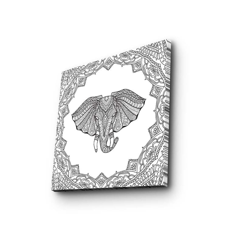 Lerretsbilde 45x45 cm - Detaljert illustrasjon av en elefant omgitt av ornamentale mønstre - Svart / Hvit - Innredning - Bilder & kunst - Lerretsbilder