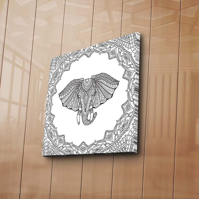 Lerretsbilde 45x45 cm - Detaljert illustrasjon av en elefant omgitt av ornamentale mønstre - Svart / Hvit - Innredning - Bilder & kunst - Lerretsbilder