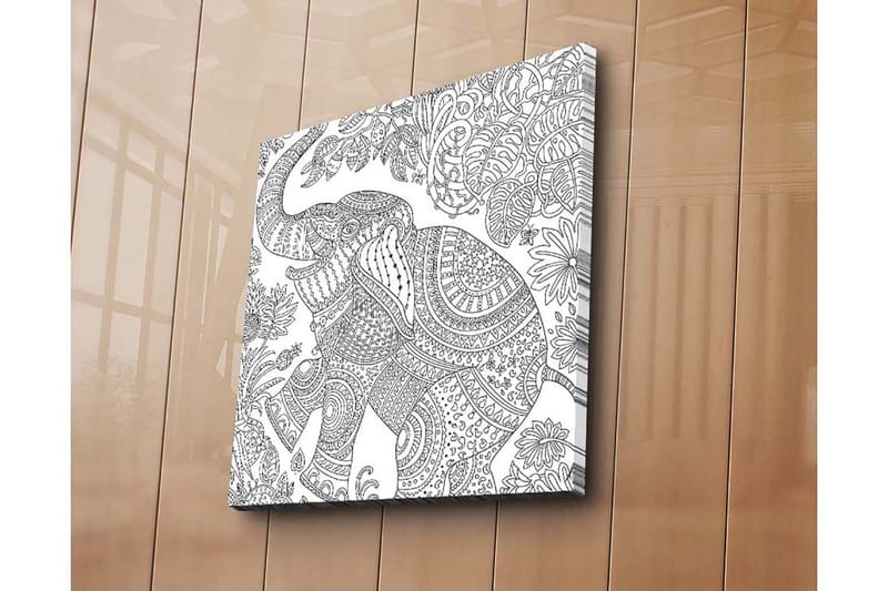 Lerretsbilde 45x45 cm - Detaljert illustrasjon av en elefant omgitt av vegetasjon - Svart / Hvit - Innredning - Bilder & kunst - Lerretsbilder