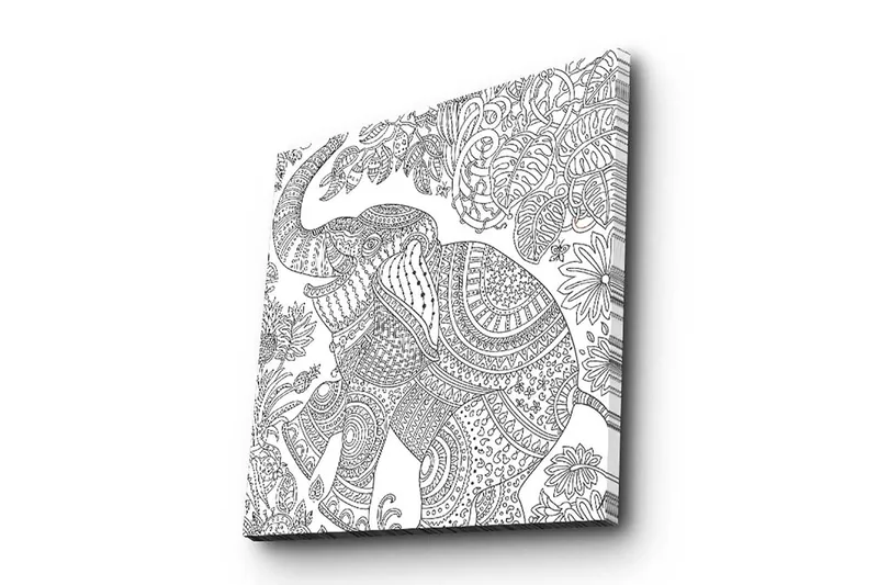Lerretsbilde 45x45 cm - Detaljert illustrasjon av en elefant omgitt av vegetasjon, Svart / Hvit