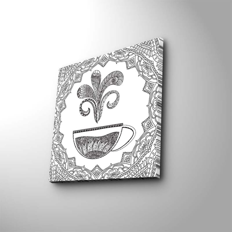 Lerretsbilde 45x45 cm - Detaljert illustrasjon av en kaffekopp med dampende mønster, Svart / Hvit