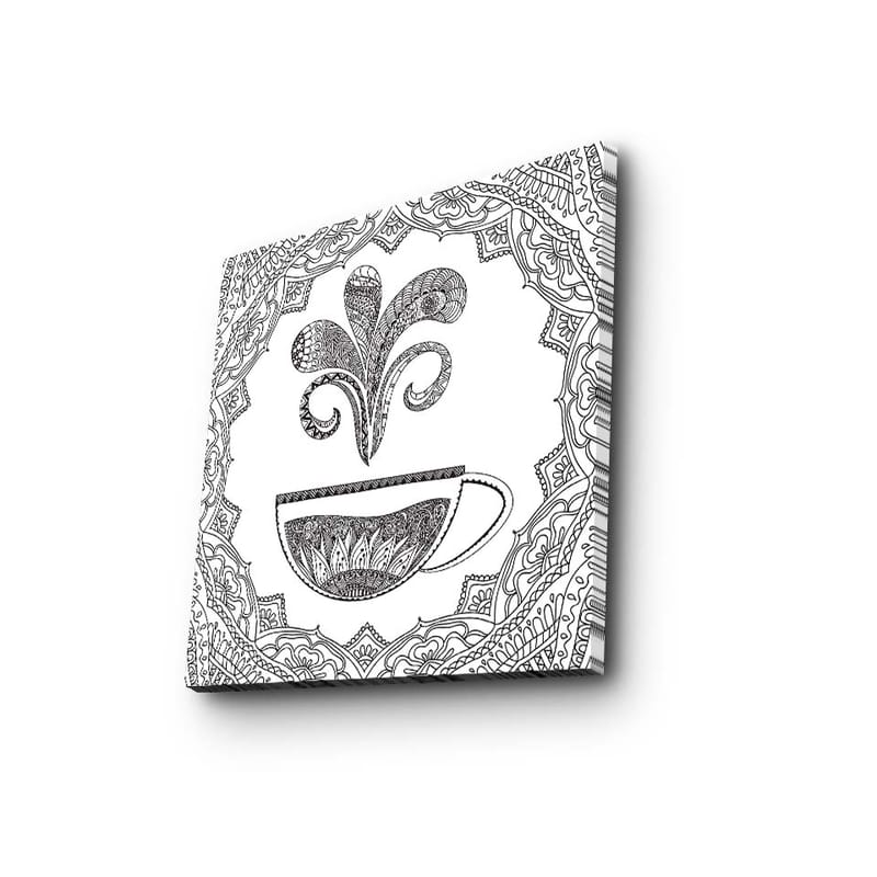 Lerretsbilde 45x45 cm - Detaljert illustrasjon av en kaffekopp med dampende mønster - Svart / Hvit - Innredning - Bilder & kunst - Lerretsbilder
