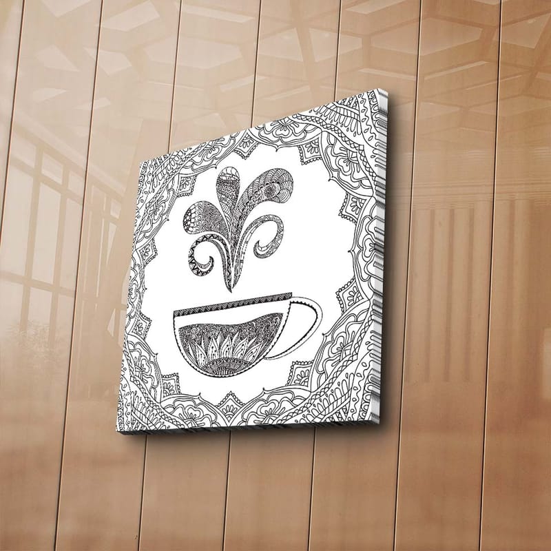 Lerretsbilde 45x45 cm - Detaljert illustrasjon av en kaffekopp med dampende mønster - Svart / Hvit - Innredning - Bilder & kunst - Lerretsbilder