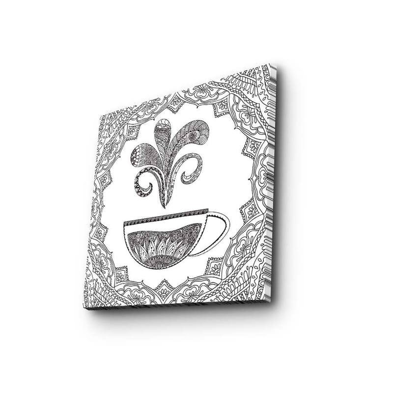 Lerretsbilde 45x45 cm - Detaljert illustrasjon av en kaffekopp med dampende mønster - Svart / Hvit - Innredning - Bilder & kunst - Lerretsbilder