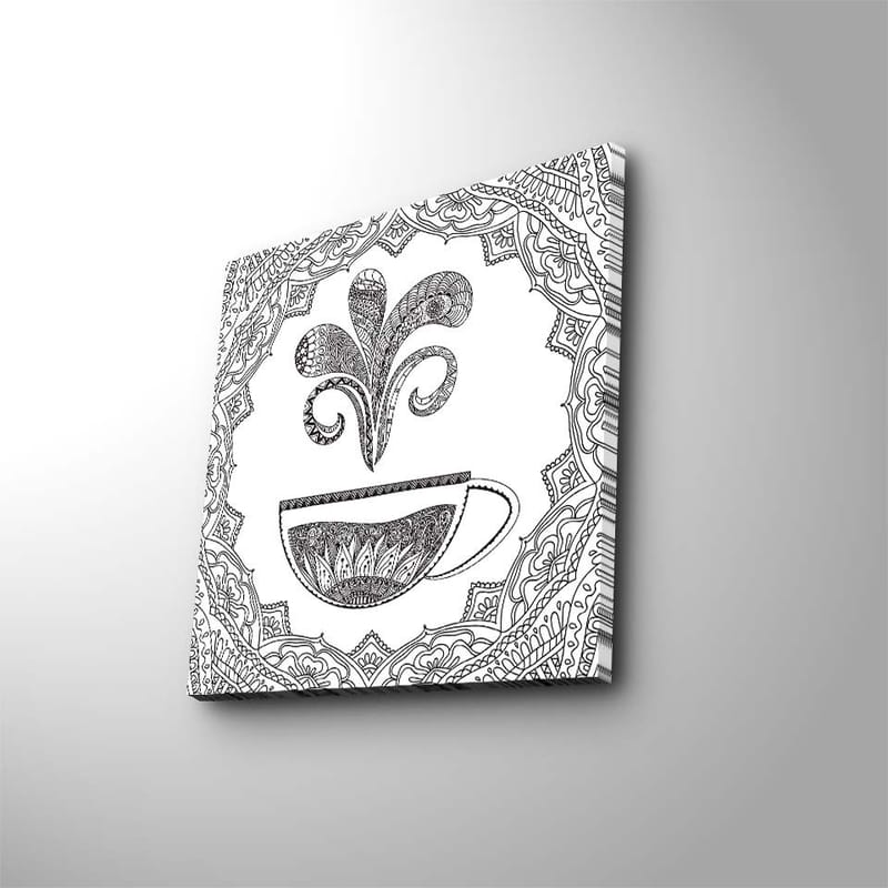 Lerretsbilde 45x45 cm - Detaljert illustrasjon av en kaffekopp med dampende mønster, Svart / Hvit