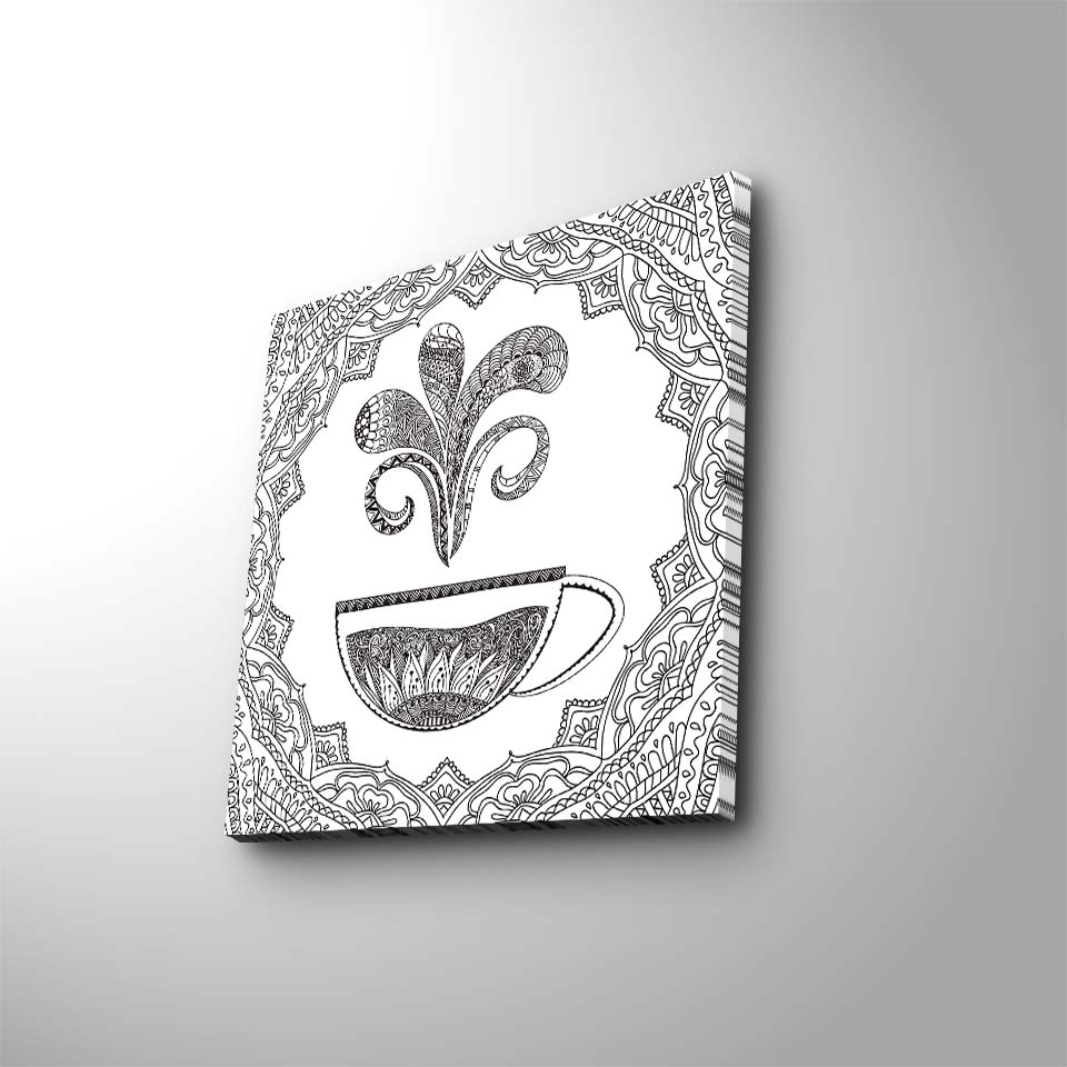 Lerretsbilde 45x45 cm - Detaljert illustrasjon av en kaffekopp med dampende mønster - Svart / Hvit