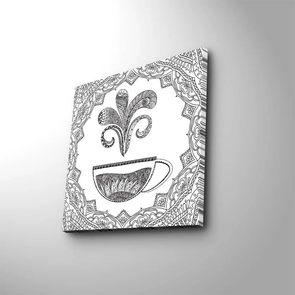 Lerretsbilde 45x45 cm - Detaljert illustrasjon av en kaffekopp med dampende m&oslash;nster - Svart / Hvit