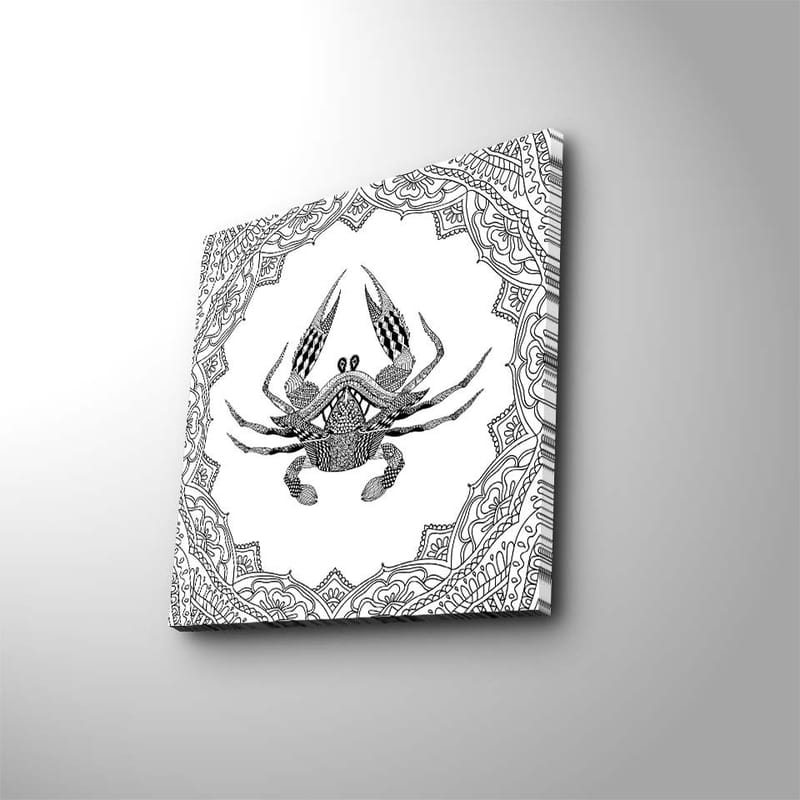 Lerretsbilde 45x45 cm - Detaljert illustrasjon av en krabbe omgitt av et mønstret rammeverk, Svart / Hvit