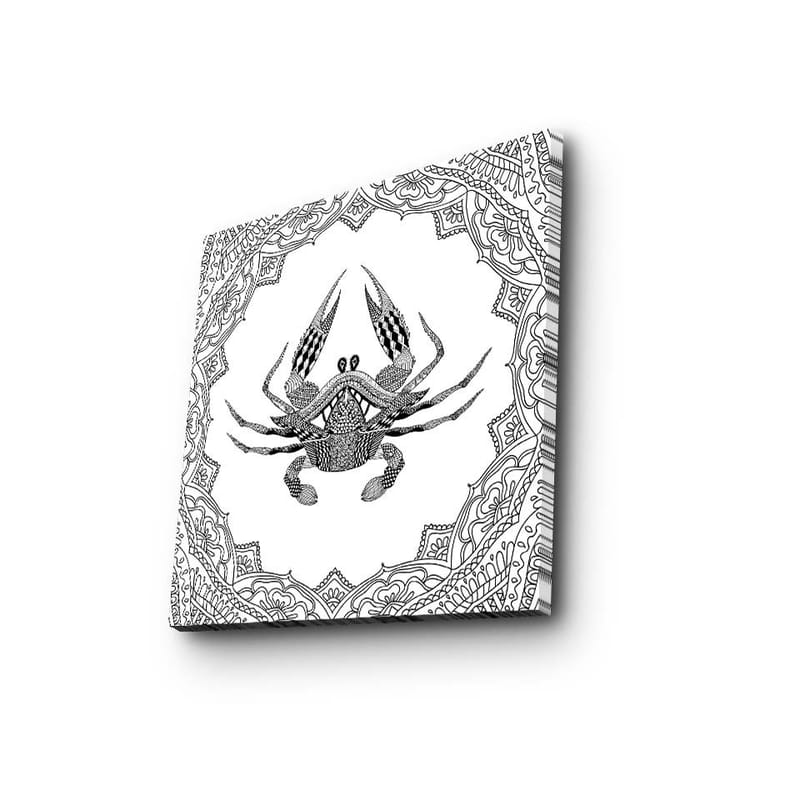 Lerretsbilde 45x45 cm - Detaljert illustrasjon av en krabbe omgitt av et mønstret rammeverk - Svart / Hvit - Innredning - Bilder & kunst - Lerretsbilder