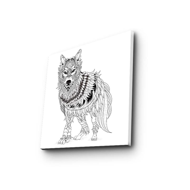 Lerretsbilde 45x45 cm - Detaljert illustrasjon av en ulv med fjær og ornamentale mønstre - Svart / Hvit - Innredning - Bilder & kunst - Lerretsbilder