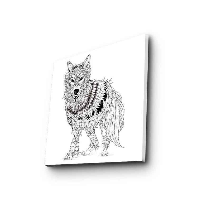 Lerretsbilde 45x45 cm - Detaljert illustrasjon av en ulv med fjær og ornamentale mønstre - Svart / Hvit - Innredning - Bilder & kunst - Lerretsbilder