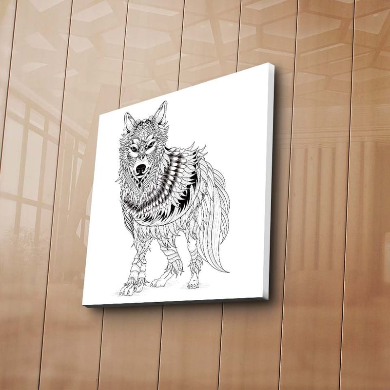 Lerretsbilde 45x45 cm - Detaljert illustrasjon av en ulv med fjær og ornamentale mønstre - Svart / Hvit - Innredning - Bilder & kunst - Lerretsbilder