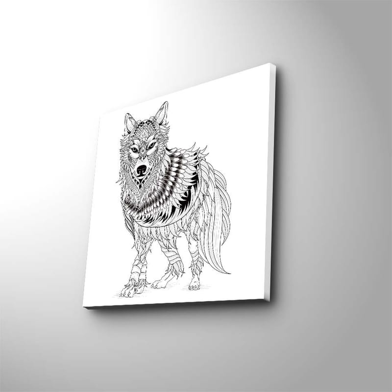Lerretsbilde 45x45 cm - Detaljert illustrasjon av en ulv med fjær og ornamentale mønstre, Svart / Hvit