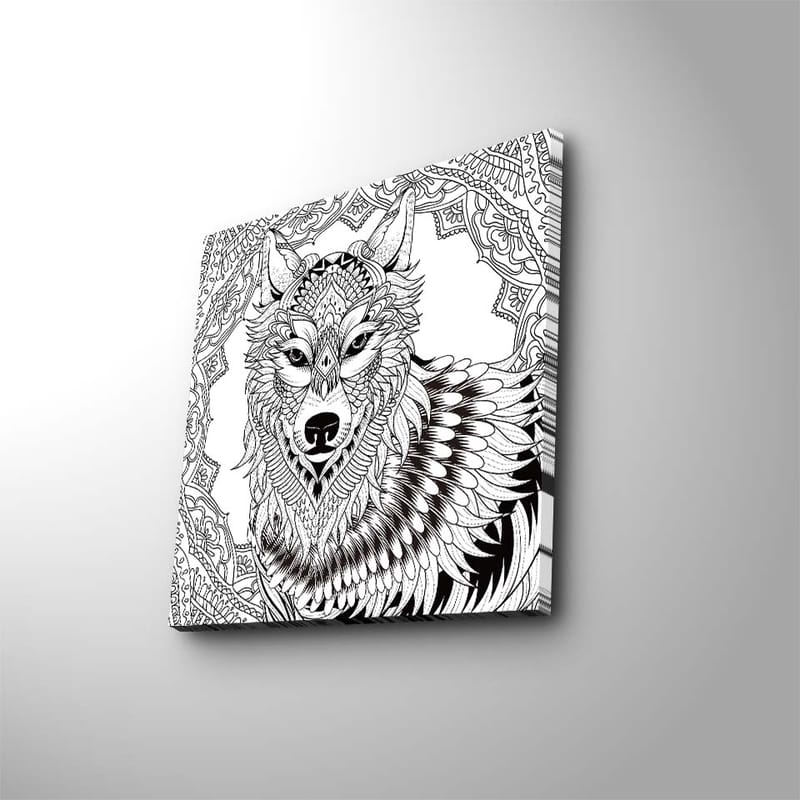 Lerretsbilde 45x45 cm - Detaljert illustrasjon av en ulv med ornamentale mønstre, Svart / Hvit