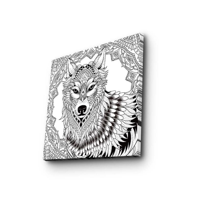 Lerretsbilde 45x45 cm - Detaljert illustrasjon av en ulv med ornamentale mønstre - Svart / Hvit - Innredning - Bilder & kunst - Lerretsbilder