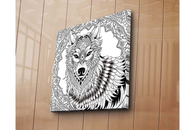 Lerretsbilde 45x45 cm - Detaljert illustrasjon av en ulv med ornamentale mønstre, Svart / Hvit