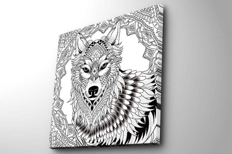 Lerretsbilde 45x45 cm - Detaljert illustrasjon av en ulv med ornamentale mønstre - Svart / Hvit - Innredning - Bilder & kunst - Lerretsbilder