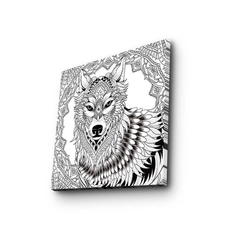 Lerretsbilde 45x45 cm - Detaljert illustrasjon av en ulv med ornamentale mønstre - Svart / Hvit - Innredning - Bilder & kunst - Lerretsbilder