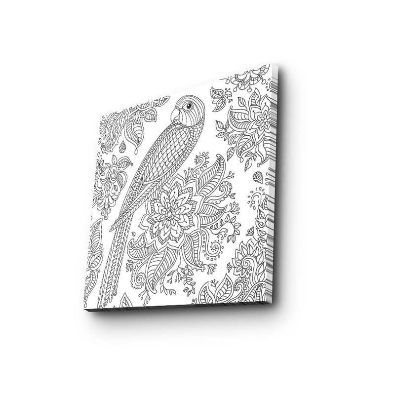 Lerretsbilde 45x45 cm - Detaljert illustrasjon av en papegøye omgitt av blomster og mønstre - Svart / Hvit - Innredning - Bilder & kunst - Lerretsbilder