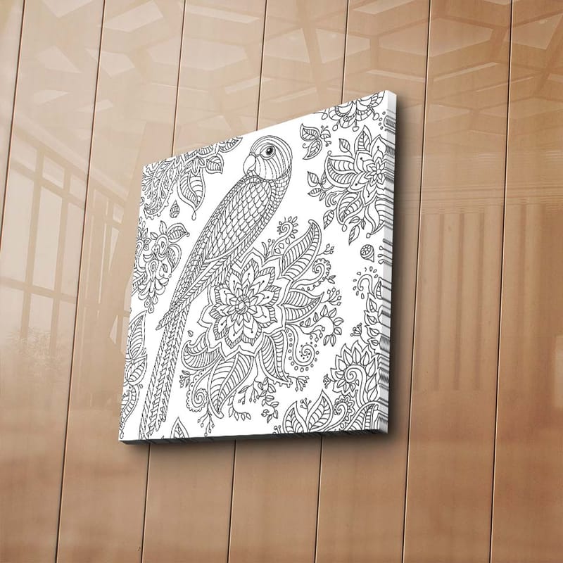 Lerretsbilde 45x45 cm - Detaljert illustrasjon av en papegøye omgitt av blomster og mønstre - Svart / Hvit - Innredning - Bilder & kunst - Lerretsbilder