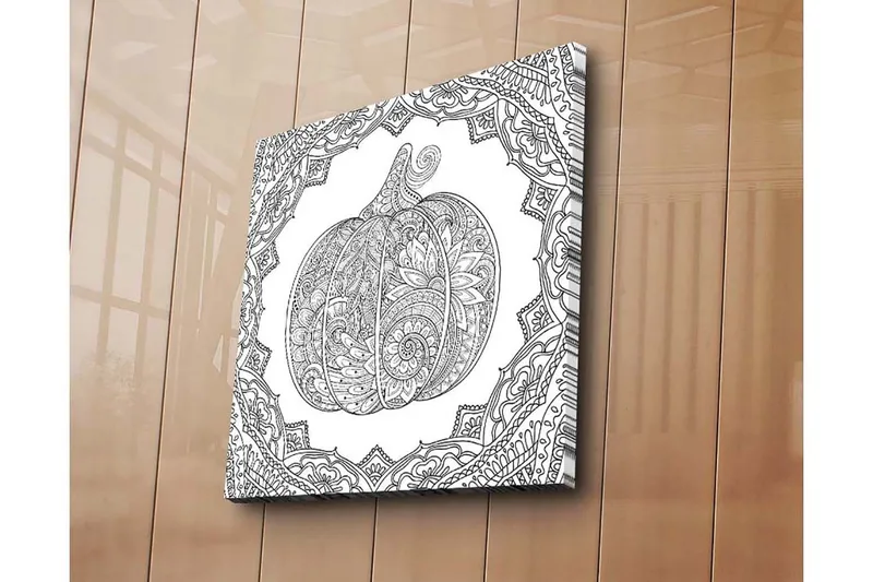 Lerretsbilde 45x45 cm - Detaljert illustrasjon av et gresskar omgitt av ornamentale mønstre - Svart / Hvit - Innredning - Bilder & kunst - Lerretsbilder