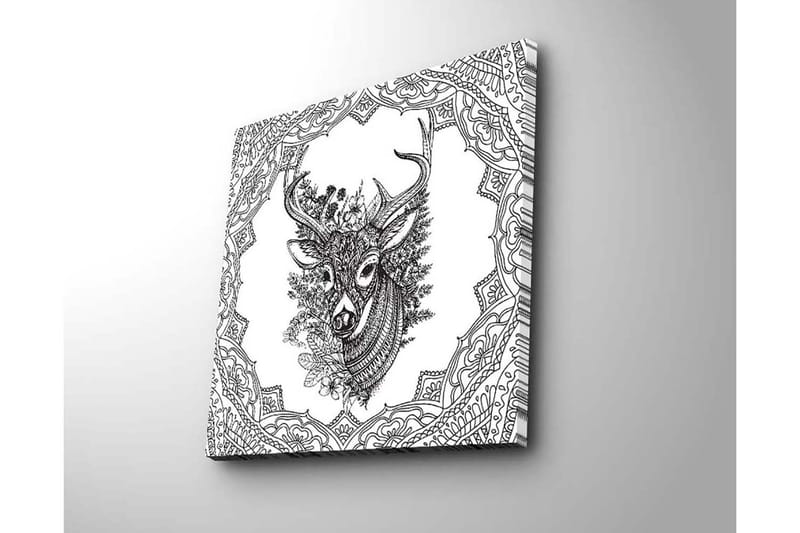 Lerretsbilde 45x45 cm - Detaljert illustrasjon av et hjortehode omgitt av ornamentale mønstre - Svart / Hvit - Innredning - Bilder & kunst - Lerretsbilder