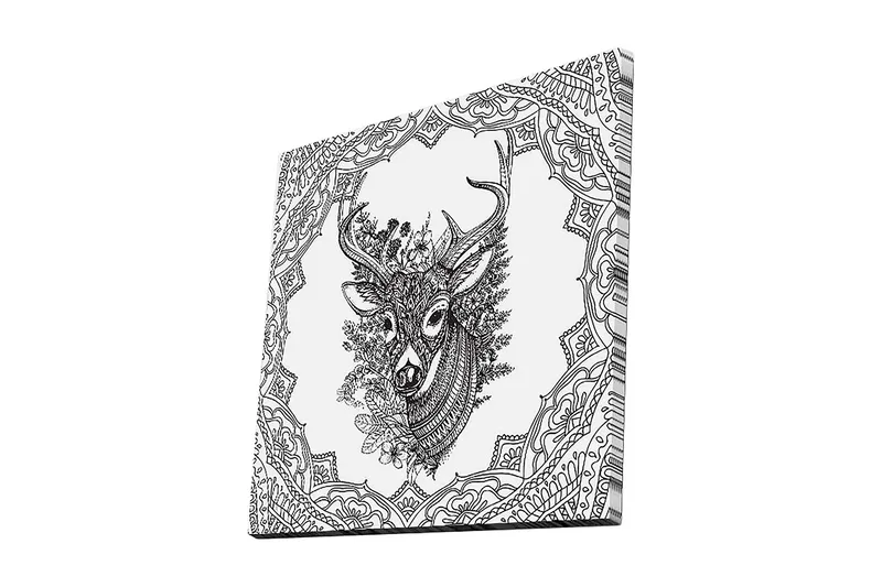 Lerretsbilde 45x45 cm - Detaljert illustrasjon av et hjortehode omgitt av ornamentale mønstre - Svart / Hvit - Innredning - Bilder & kunst - Lerretsbilder