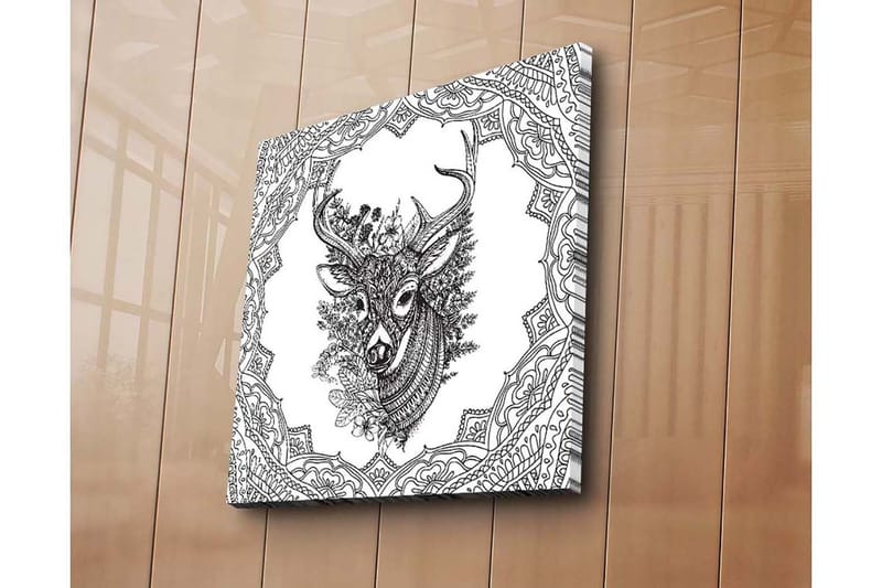 Lerretsbilde 45x45 cm - Detaljert illustrasjon av et hjortehode omgitt av ornamentale mønstre - Svart / Hvit - Innredning - Bilder & kunst - Lerretsbilder