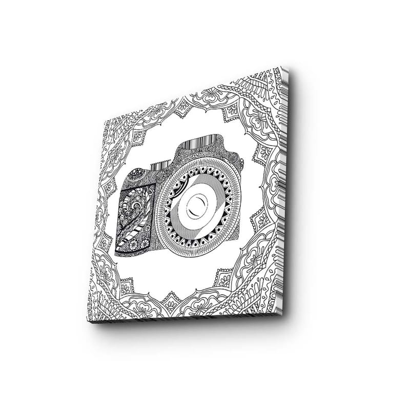 Lerretsbilde 45x45 cm - Detaljert illustrasjon av et kamera omgitt av ornamentale mønstre, Svart / Hvit