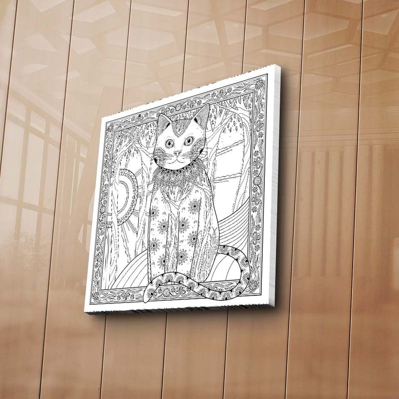 Lerretsbilde 45x45 cm - Detaljert katt med mønstre og ornamenter - Svart / Hvit - Innredning - Bilder & kunst - Lerretsbilder