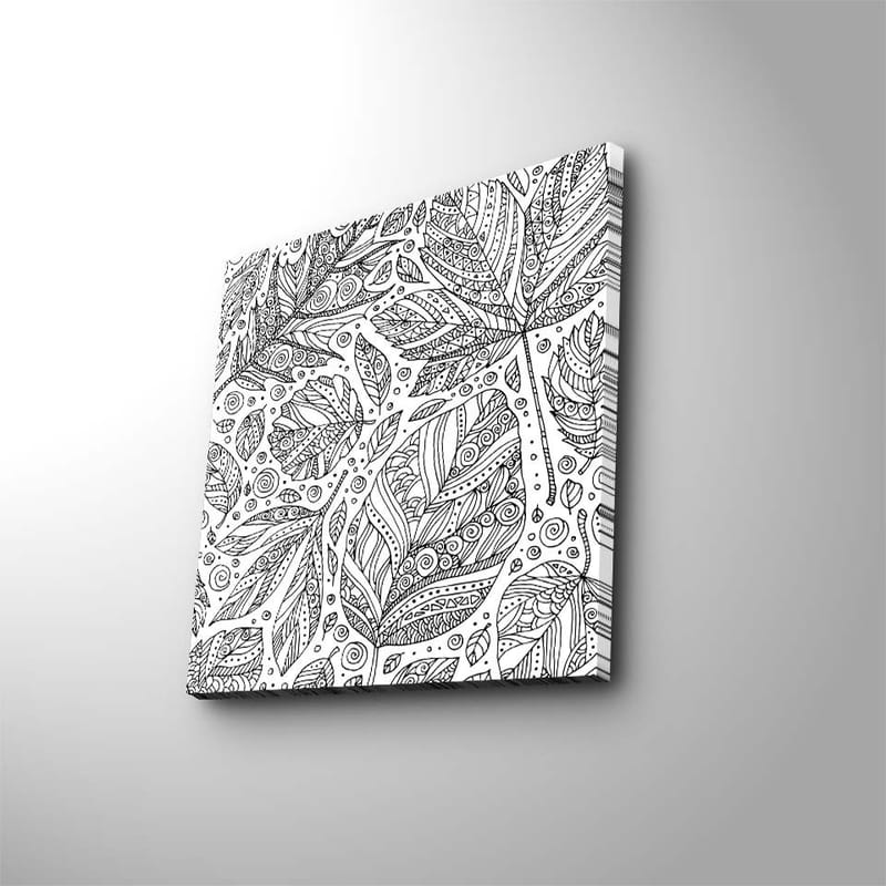 Lerretsbilde 45x45 cm - Detaljert komposisjon av blader med mønstre og linjer, Svart / Hvit
