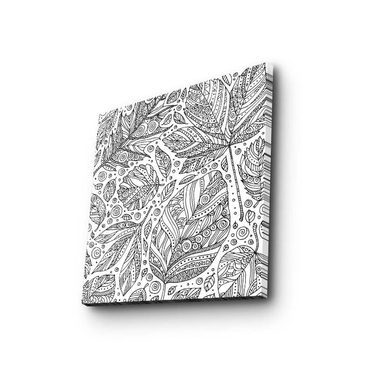 Lerretsbilde 45x45 cm - Detaljert komposisjon av blader med mønstre og linjer - Svart / Hvit - Innredning - Bilder & kunst - Lerretsbilder