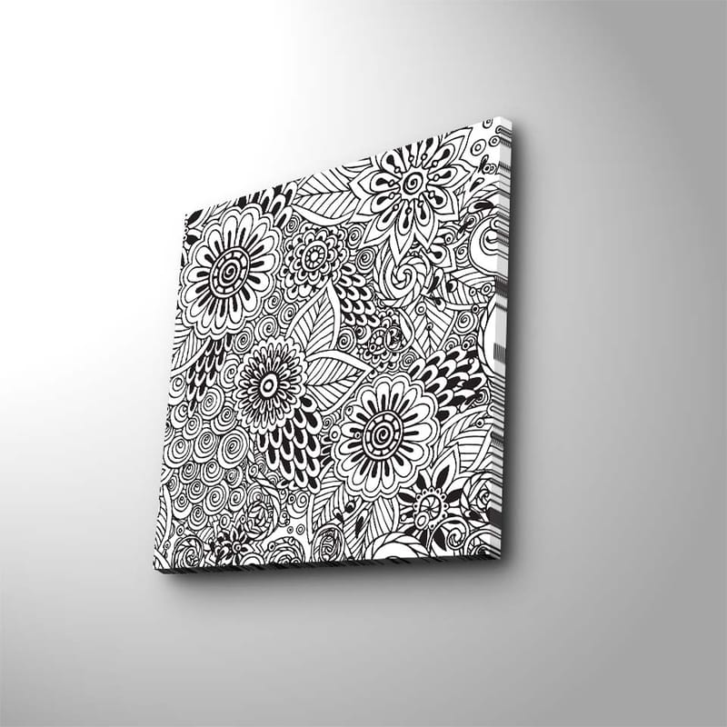 Lerretsbilde 45x45 cm - Detaljert komposisjon av blomster og spiraler - Svart / Hvit - Innredning - Bilder & kunst - Lerretsbilder