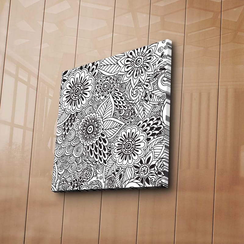 Lerretsbilde 45x45 cm - Detaljert komposisjon av blomster og spiraler - Svart / Hvit - Innredning - Bilder & kunst - Lerretsbilder