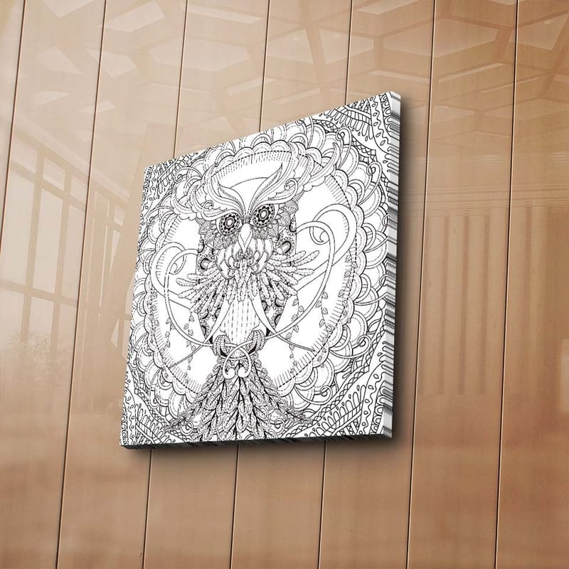 Lerretsbilde 45x45 cm - Detaljert og stilisert ugle omgitt av ornamentale mønstre - Svart / Hvit - Innredning - Bilder & kunst - Lerretsbilder